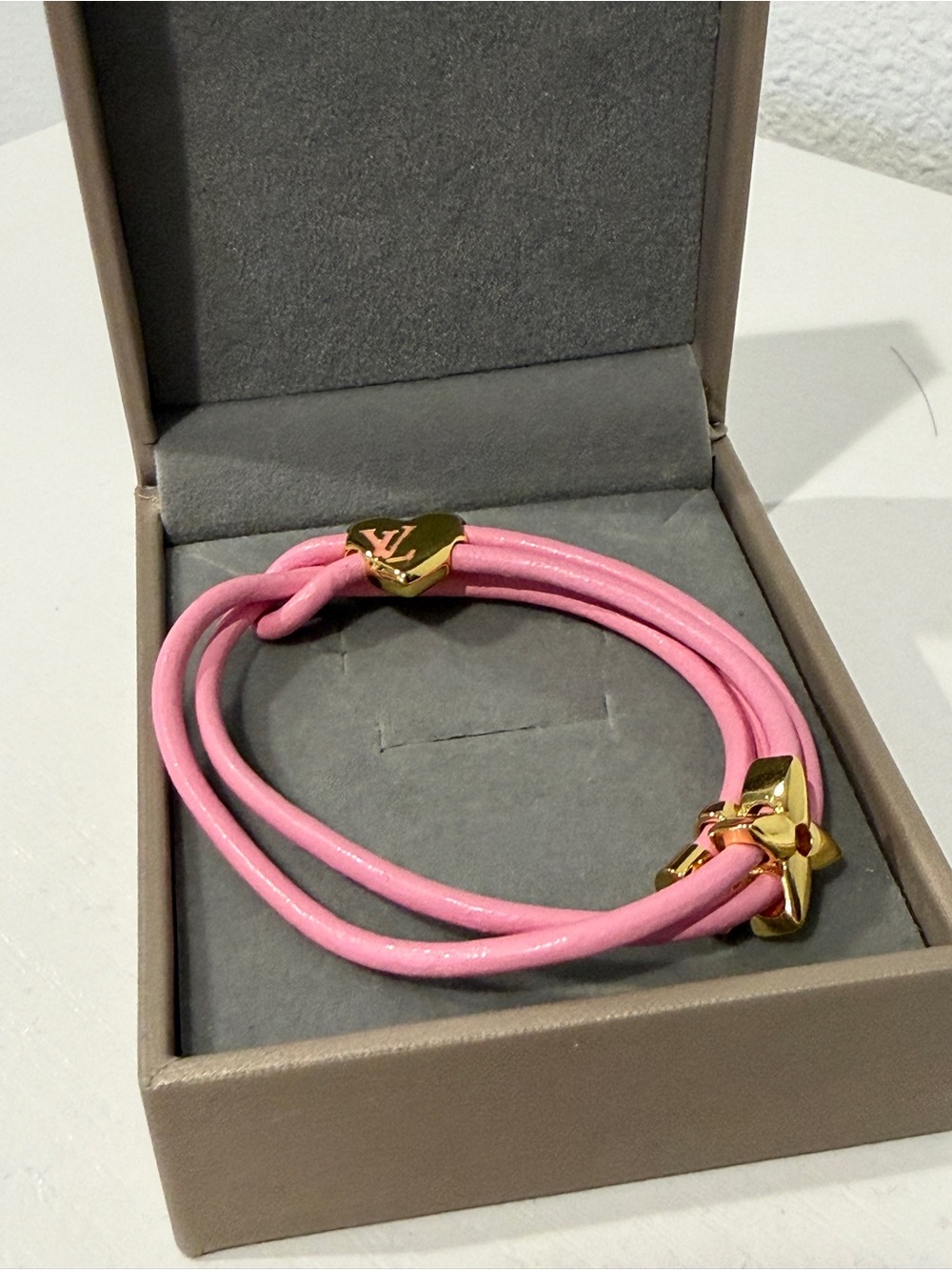 Pink Leather Cord Bracelet with Gold LV Charm